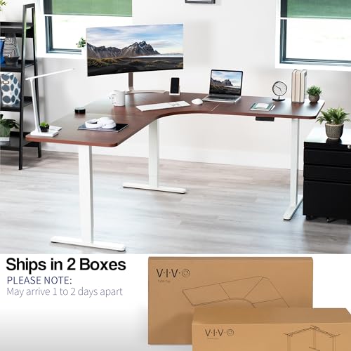 Image of VIVO Electric Height Adjustable 71 x 71 inch Curved Corner Stand Up Desk, Dark Walnut Table Top, White Frame, Memory Controller, L-Shaped Workstation, E3C Series, DESK-KIT-E3CWD