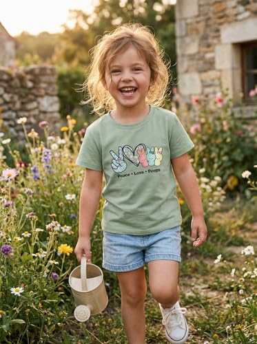 Image of SOFEON Kids Girls Easter Shirt Bunny Peace Love Peeps T-Shirt Cute Funny Rabbit Graphic Tees Short Sleeve Casual Tops