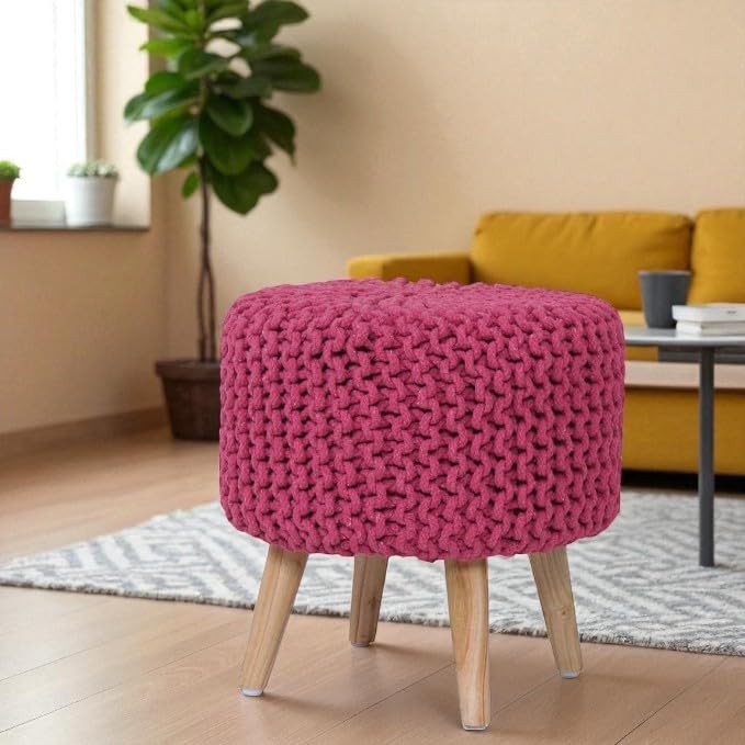 Image of Ottoman Foot Rest Puffy, Cotton Dori Ottoman for Home Decor, Solid Wood Legs Dressing Stool, Footstool Puffy for Living Room & Office Room | 16x17 Inch, Set of 2, Dori Pink-Aqua