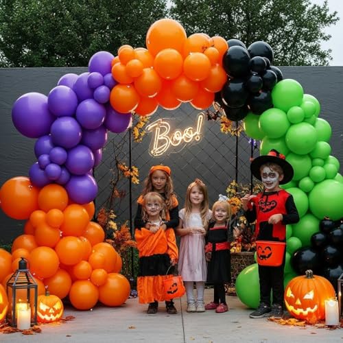 Halloween Balloon Arch Kit – 146pcs Orange Black Green Purple Balloons Garland for Halloween Decorations, Party Backdrop, Birthday Celebration, Spooky Haunted House, Trick or Treat Party Supplies