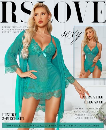 Image of RSLOVE Women Sexy Lingerie Set 3 Piece Babydoll & Lace Kimono Robe Strap Chemise Sleepwear Mesh Nightgown