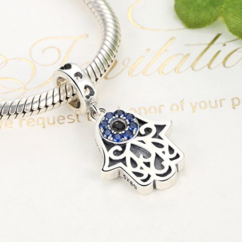 Image of BISAER Hamsa Hand Charm - Sterling Silver, Blue Gemstones Evil Eye, Fits Bangle, Bracelet, Necklace