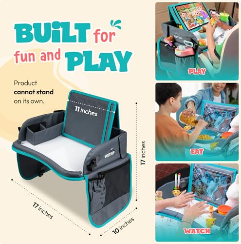 Image of Kids Travel Tray with Dry Erase Board WITRIP- Car Seat Tray for Kids Travel, Carseat Table Top for Toddler, Lap Desk for Car Seat, Activity Organizer & Snack Holder,Road Trip Essentials for Kid (Aqua)