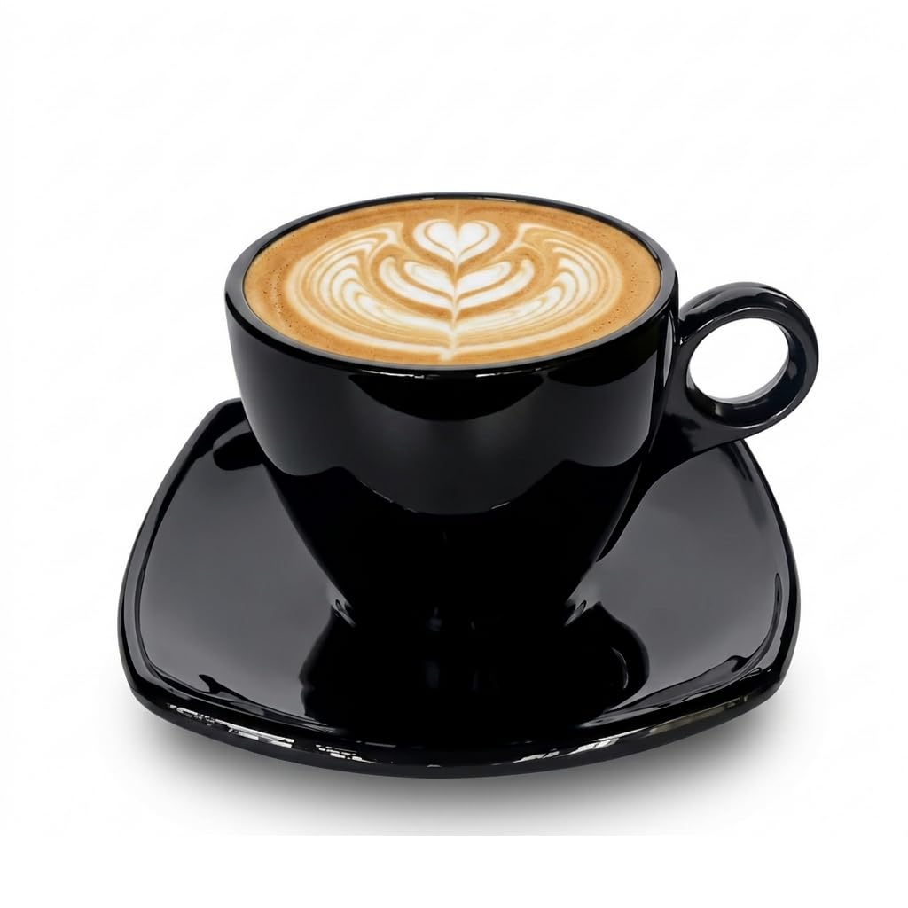 Luxury Black Glass Coffee Cup Set with Spoon and Square Saucer, 170ml Thick Walled Glass Cup for Espresso, Cappuccino, Latte, Flat White, Herbal Tea and Milk Tea, Reusable Tableware for Home Cafe