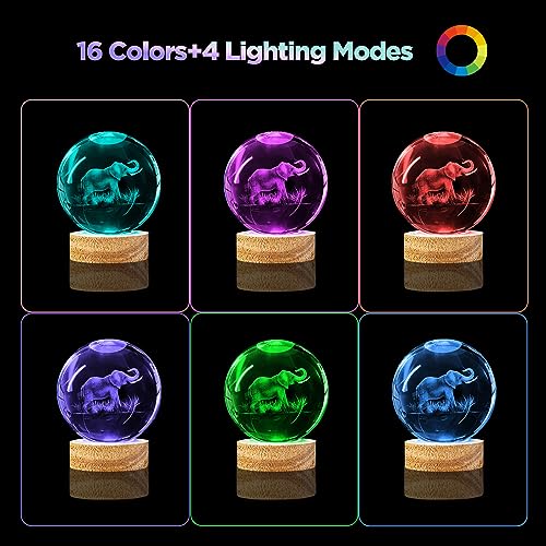 Image of 3D Elephant Crystal Ball Night Light With 16 Color Wooden Base, Upgraded 3.15 Inch Glass Ball Lamp With Remote for Birthday Holiday Xmas, Cool Toy Decor Gifts for Boys Girls Kids