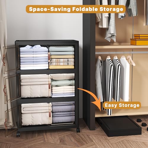 Image of UAMFURI Extra Large Stackable Storage Bins with Lids & Wheels, 360QT-120QT /30GAL*3Pack Foldable Collapsible Closet Organizers Storage Cabinet with Doors for Bedroom Dorm