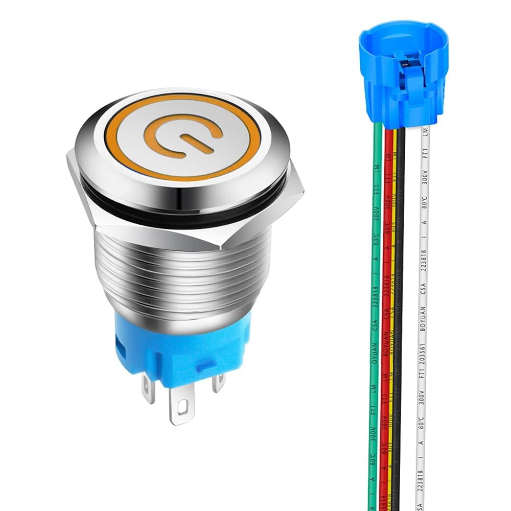 Bouton-poussoir étanche avec LED orange et prise de fil pré-câblée Gebildet 19mm
