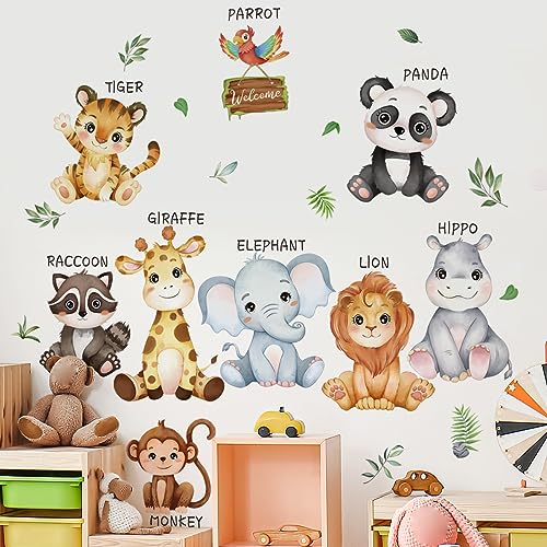 Image of Mirabuy Large Safari Animals Educational Wall Decals Jungle Animals Wall Stickers Lion Panda Giraffe Monkey Tiger Wall Decor Murals for Nursery Kids Room Playroom
