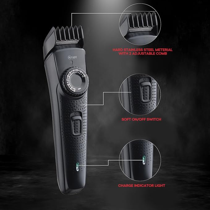 Image of Mr Light Rechargeable Beard & Hair Trimmer- Hard Alloy Steel & SS Blade, 600 mAh Li-ion Battery, USB Type-C Charging, 20 Adjustable Guides, Powerful motor with charge Indicator - MR6034