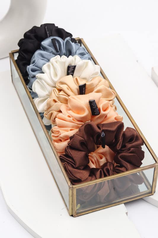 Image of Premium Satin Scrunchies for Women | Hair Bands, Ponytail Holders & Rubber Bands | Fluffy, No-Damage Hair Ties | Girls Hair Accessories | Medium Size | Pack of 6