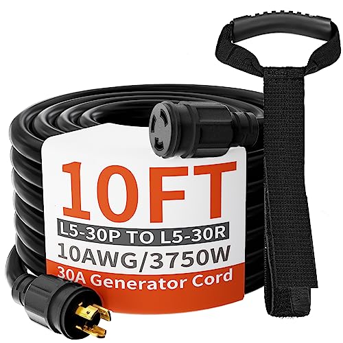 3 Prong 30 Amp Generator Cord 10 Feet Heavy Duty,NEMA L5-30P/L5-30R 10 Gauge 125V SJTW Black Lock Generator Extension Cord Waterproof, ETL Listed HUANCHAIN