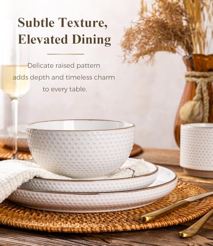 Image of GBHOME Dinnerware Sets for 4, Farmhouse Style Stoneware Plates and Bowls Sets, 12 Pieces Embossed Scratch Resistant Dishes, Dishwasher & Microwave Safe, Off-White