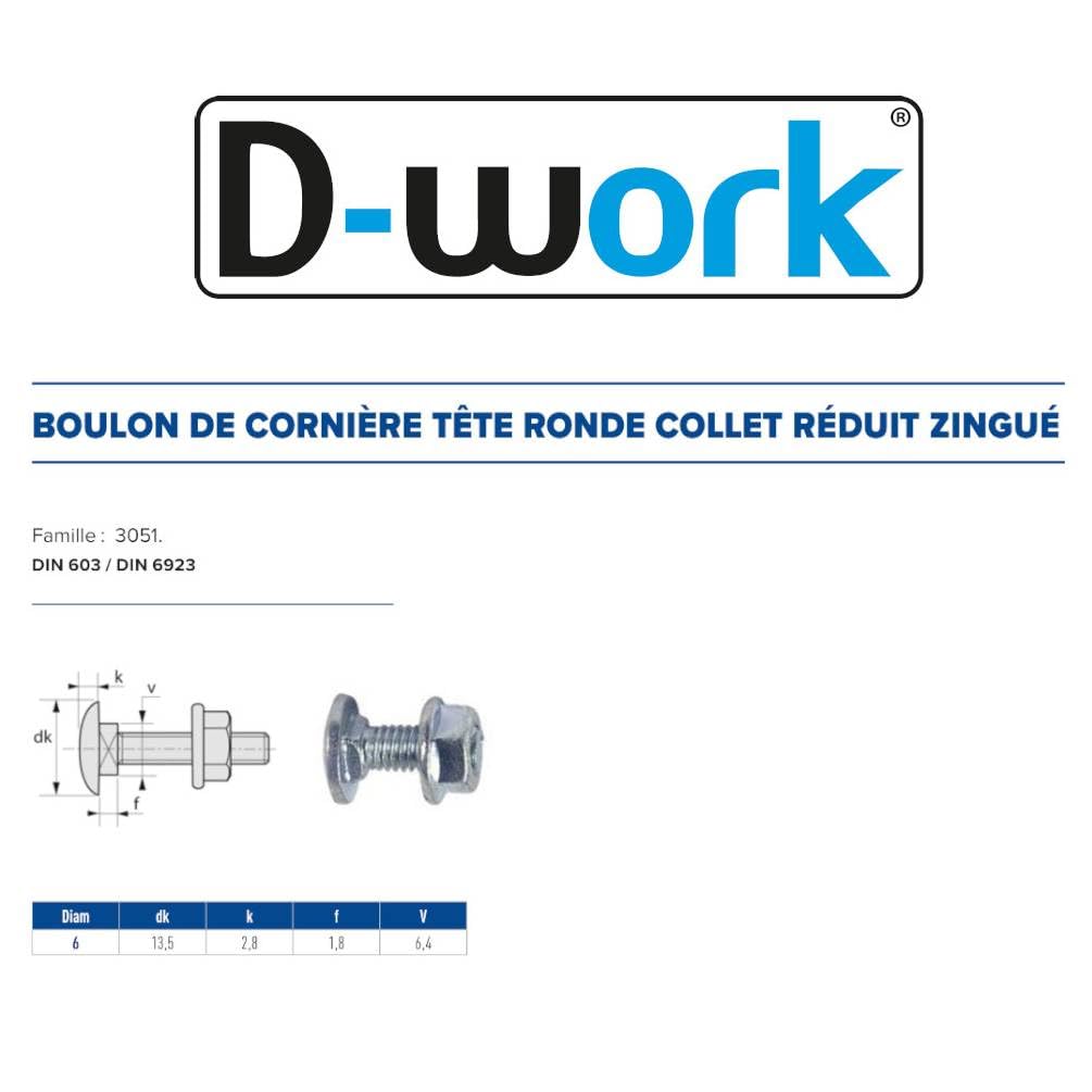 200 Boulons de Cornière Tête Ronde Collet Carré Réduit TRCC 6 x 20 mm - DIN 603/DIN 6923 - Zingué blanc - D-Work