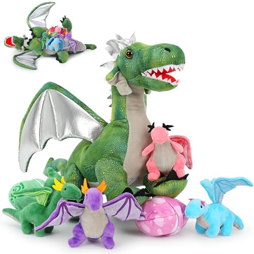 Image of Tezituor 7 Pcs Dragon Stuffed Animals, 22'' Mommy Dragon Plush with 4 Baby Dragons and 2 Eggs, Large Stuffed Dragon Toys Gifts for Boys Girls