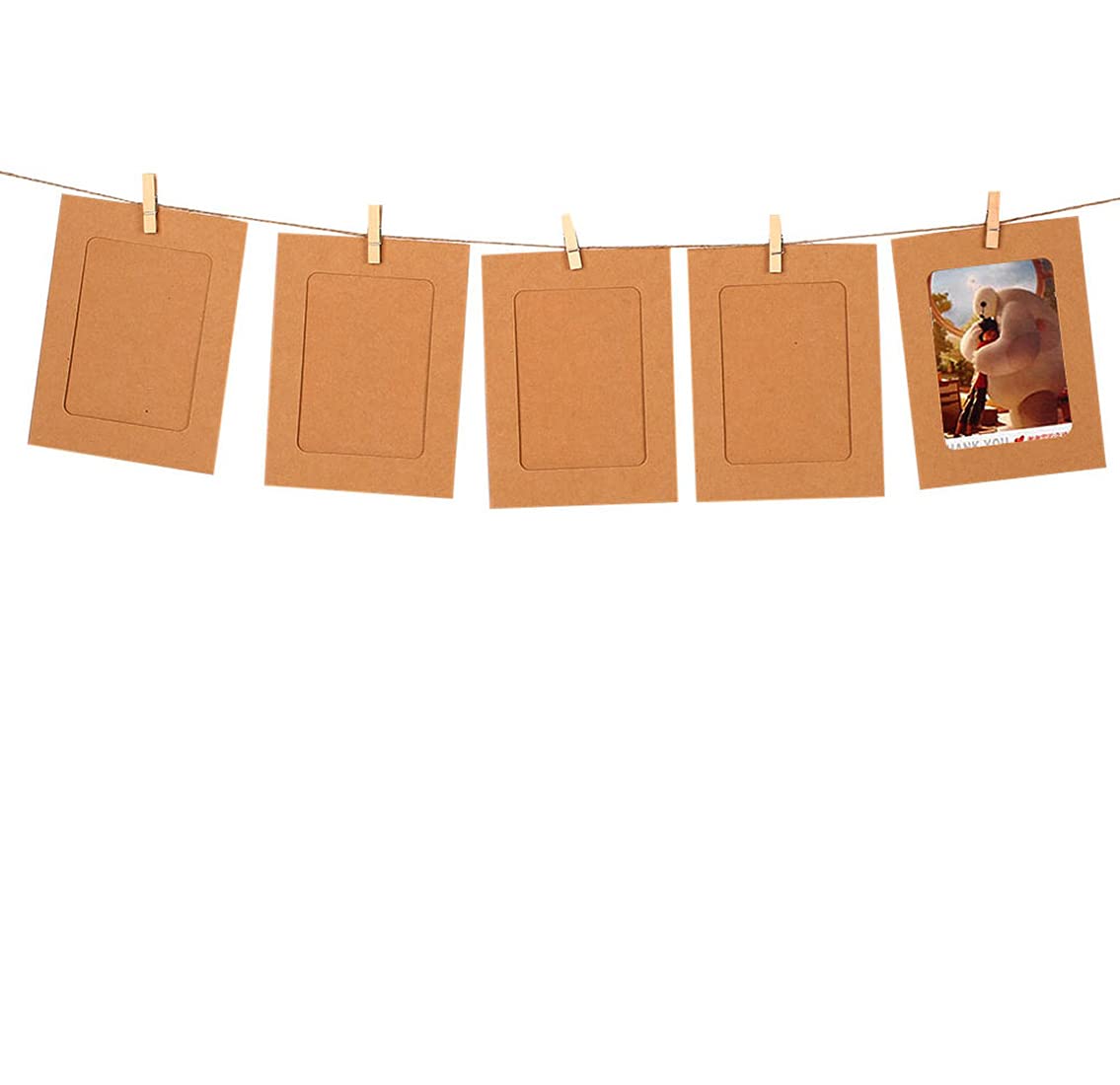 Desi Rang 10 pcs Hanging Photo Frame with wooden clips and jute Rope (Outer Size 6" x 4.5" inch, Inner Size 4.25" x 3" inch) Khakhi Wall Photo Display for Home, Bedroom & Living Room decor gift DIY 1