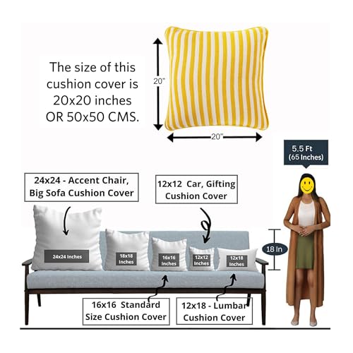 Image of Pack of 1 Reversible 20x20 Yellow Stripe Cotton Woven Fashion Throw Pillow Covers Cases for Couch Sofa Home Decoration | 50 x 50 cm