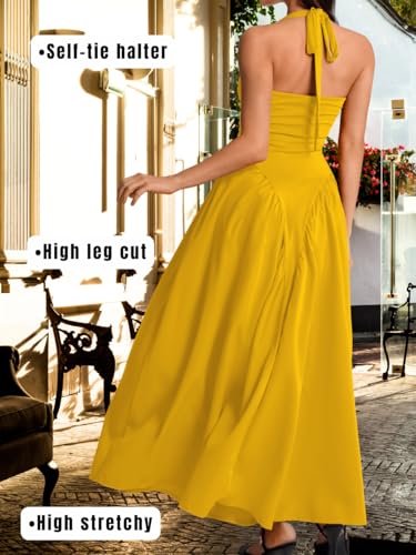Image of ChiaoLezhee Deep V Neck Dress, Halter Maxi Dresses, Vacation Date Night, Sexy for Women Corset Flowy Wedding Guest Drop Waist