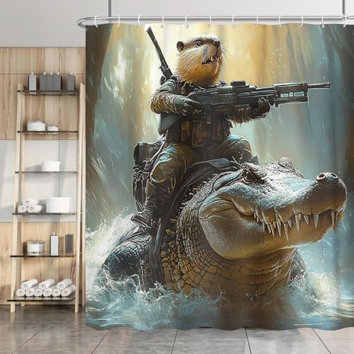 Image of Funny Shower Curtain, Cool Capybara Riding Crocodile Wild Animal Fabric Bathroom Accessories Decor Curtain, Fun Shower Curtains for Bathroom, with Hooks 72x72 Inch