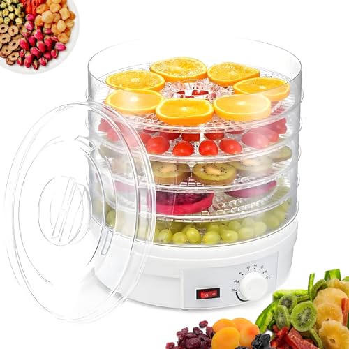 Food Dehydrator with 5 Trays, Adjustable Time & Temperature, Large Capacity Food Dryer Machine for Making Beef Jerky Fruit Vegetable Mushroom, Easy Knob Control