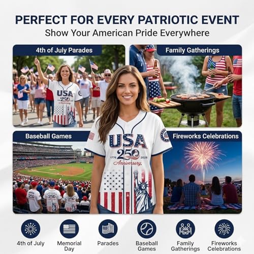 Camiseta de béisbol patriótica de aniversario 250 de USA con estampado Estatua de la Libertad y bandera, botones, talla X-Large miniatura 6