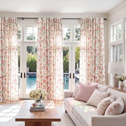 Image of jinchan Pink Floral Linen Curtains 96 Inch Cottagecore Back Tab 2 Panels | Light filtering drapes, semi sheer, farmhouse, watercolor, romantic, living room, bedroom, rod pocket, window treatment