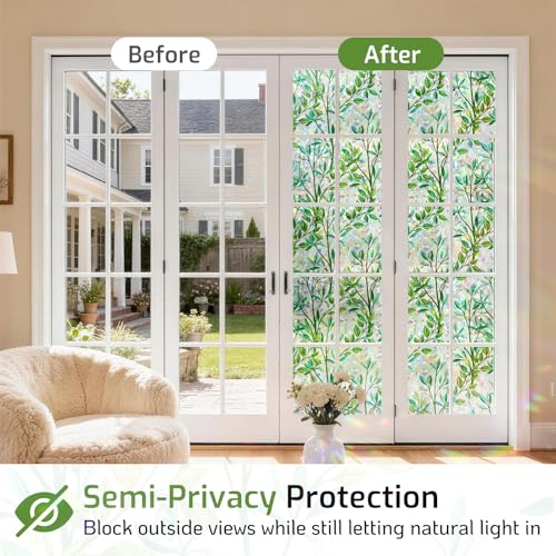 Image of LUTE Stained Glass Window Privacy Film, Leaf Rainbow, 23.6 inch X 78.7 inch | No Glue No Residue, Static Cling Removable Renter Friendly, UV Blocking, for Home Decor Glass Door