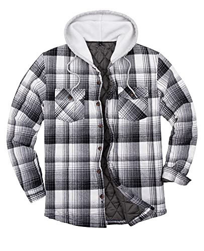 ZENTHACE Men's Quilted Lined Button Down Plaid Flannel Shirt Jacket with Hood