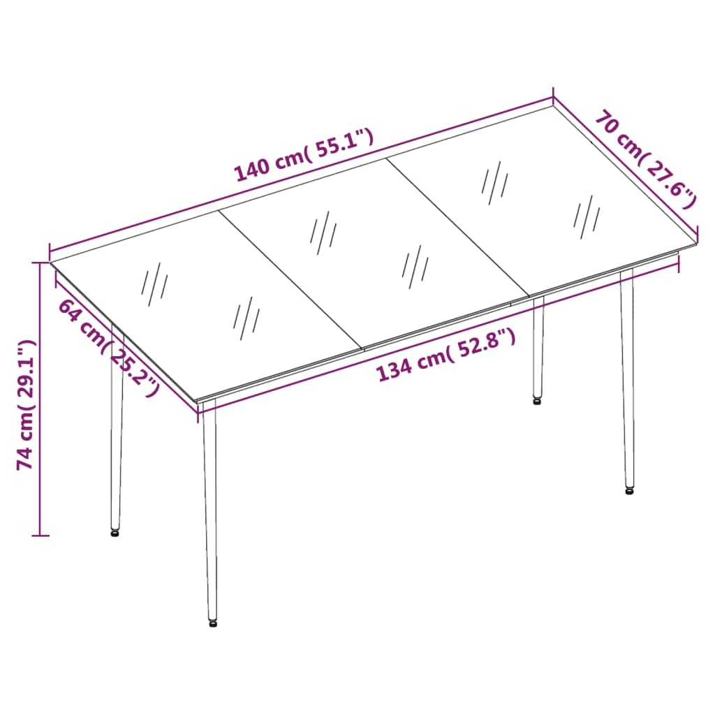 Stół do jadalni ogrodowy, czarny, ze stali i szkła, 140 x 70 x 74 cm, stół tarasowy na balkon i do ogrodu, stabilny stół balkonowy do jedzenia, pikniku i dla rodziny