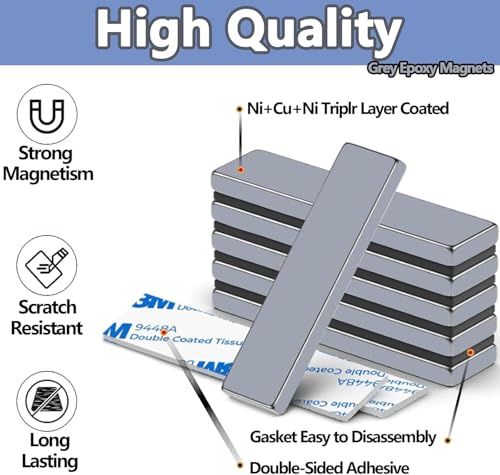 14PCS Super Strong Neodymium Bar Magnets with Adhesive Backing - Heavy Duty Rare Earth Magnets for Refrigerator, Cabinet, Crafts, DIY Projects - Waterproof Powerful Strip Magnets - 40x10x3mm