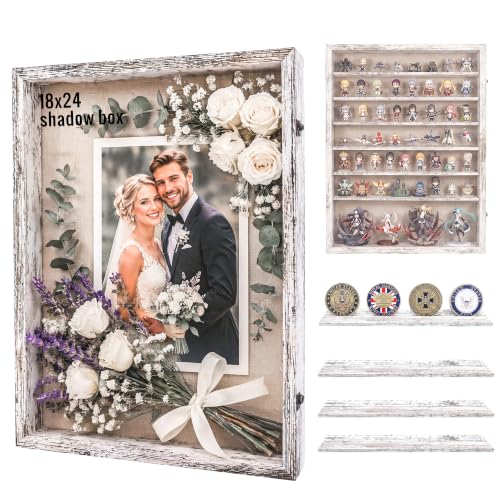 Image of GMFrames 18x24 Wooden Shadow Box Frame with Removable Shelves Deep Display Case for Military Medals Keepsakes White