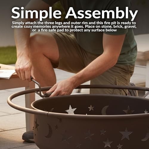Image of Sunnydaze Cosmic 42-Inch Large Outdoor Fire Pit - Wood-Burning Firepit for Outside Patio, Backyard, Deck - Steel - Wood Grate, Spark Screen, and Fireplace Poker Included - Bronze - 31 inch Bowl Diameter