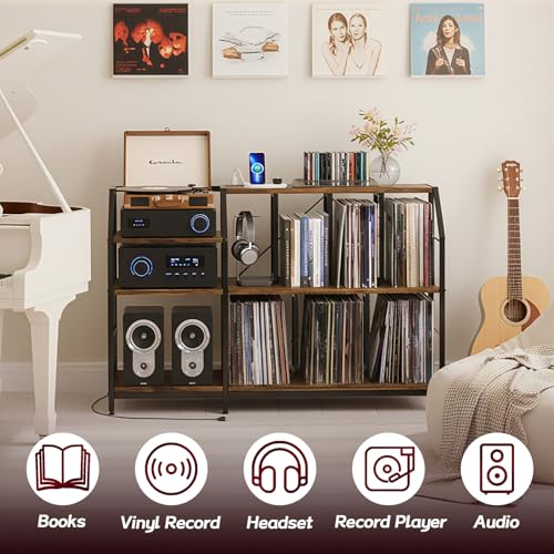 Faesun 51.7" Large Record Player Stand with Vinyl Record Storage & Power Outlets, 500+ Albums Storage Cabinet, Sturdy 3-Tier Turntable Stand with Speaker Shelf, Easy Assembly,Rustic Brown by Faesun - Image 6