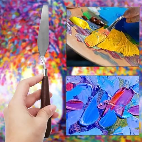 Image of GLUN Set of 5 Palette Knives for Painting, Various Size & Shape, Stainless Steel Spatula, Brown Number Polished Handle for Artist Canvas Oil Paint Color