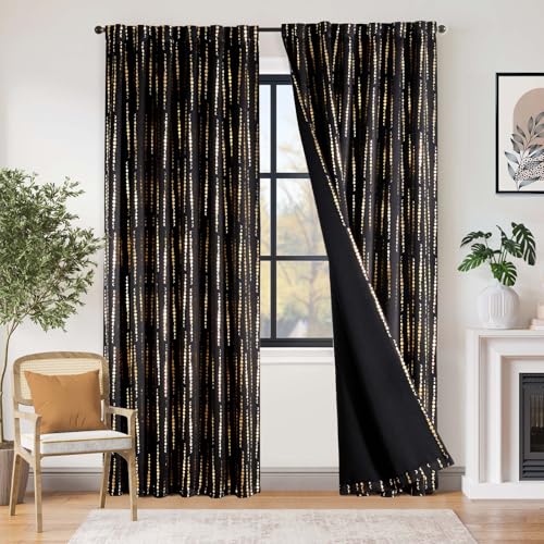 jinchan 95% Blackout Curtains 84 Inch Long for Bedroom Boho Curtains Moon Phases Printed Golden on Black Drapes Rod Pocket Back Tab Darkening Retro Bedroom Pattern Curtains 2 Panels
