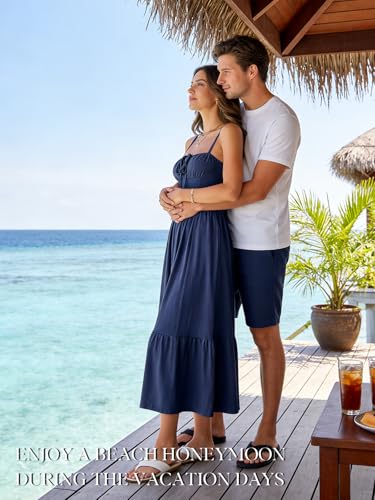Image of Women's Casual Beach Vacation Dress with Pockets Flowy Aline Tiered Spaghetti Strap Lace Up Corset Midi Sundress for Summer