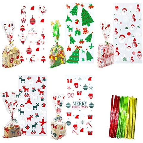 Hifunwu 150 pcs Christmas Cellophane Bags Christmas Treat Bags with Twist Ties for Cookie Candy Christmas Party Supplies Cover