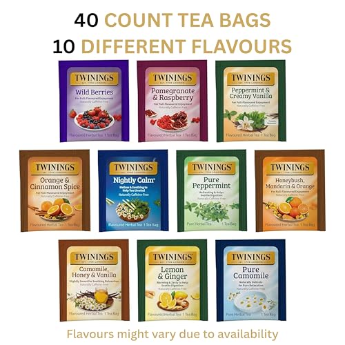 Image of Twinings Herbal Caffeine-Free Tea Bags Sampler, Assortment Variety Pack (40 Count) 10 Different Flavours for Tea Lovers: Her, Him, Women, Men, Couples, Family, Friends, Coworkers