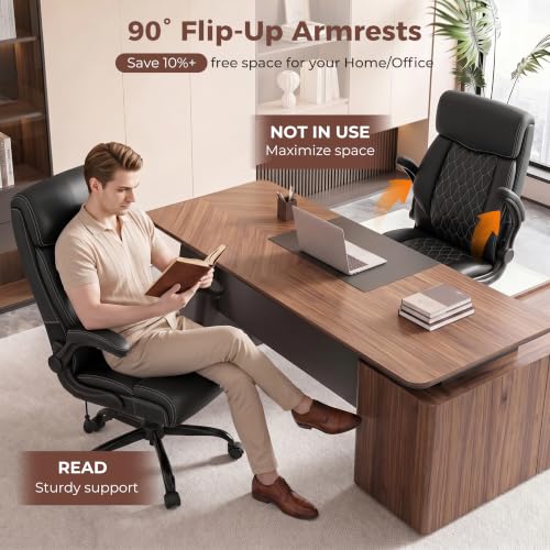 Image of Ergonomic Office Chair with Lumbar Support, Executive Leather Computer Desk Chair with Flip Up Arms & Rocking Function, High Back Big and Tall Comfortable Gaming Chair for Home Office