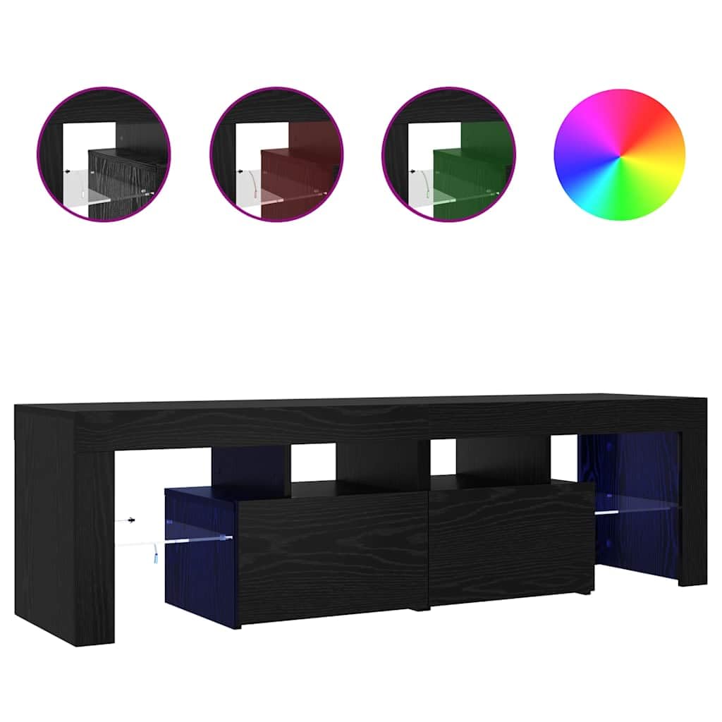 Szafka pod telewizor z diodami LED, kolor czarny, imitacja dębu, wielofunkcyjny stojak pod telewizor, kredens do salonu, gabinetu, 140 x 36,5 x 40 cm