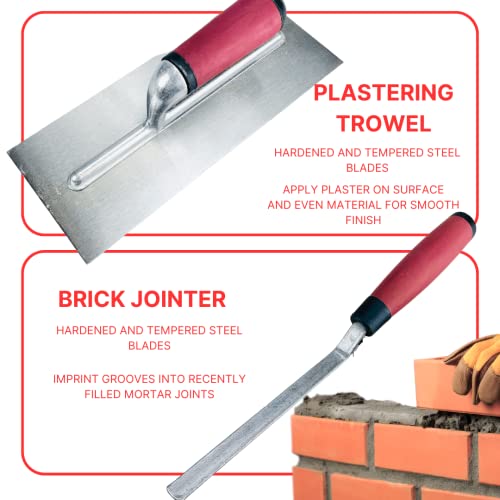 Wedge: 5 Piece Professional Masonry Trowel Set | Tempered Steel Blades | Contains 13" Brick Jointer, 6" Pointing Trowel, 7" Gauging Trowel, 11" Brick Trowel, 11" Plastering Trowel #TOP4