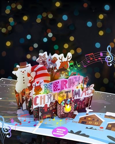 Carte Noel 3D Pop Up Carte de Noel avec Musique et Lumière, Christmas Cards avec Enregistrement,Cartes de Noël avec Enveloppe pour Enfants Famille Noël Cadeau