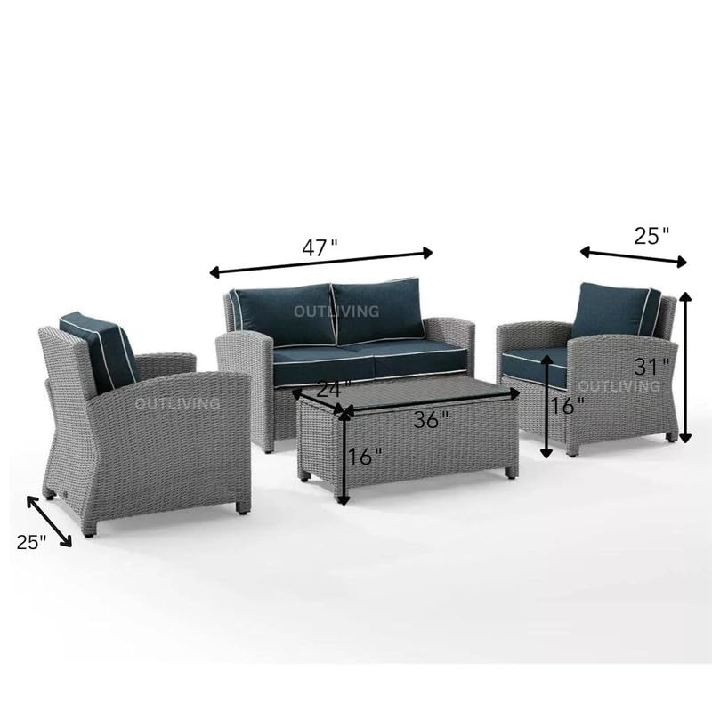 Image of OUTLIVING Rattan and Wicker Indoor Outdoor 4 Seater Sofa Set | 2+1+1 Patio Furniture Set with Cushion and Center Table | Comfortable Sofa Set for Garden Balcony Hall Living Room (Grey and Navy Blue)