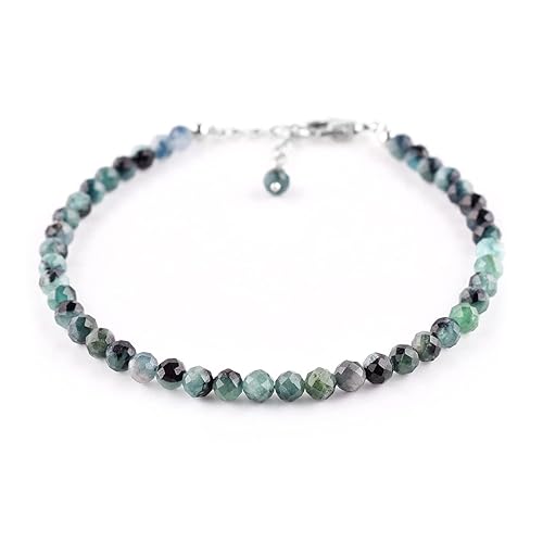 Pulsera chapada en rodio de plata de ley 925 con delicada turmalina indicolita natural hecha a mano con cuentas y piedra natal natural, regalo para