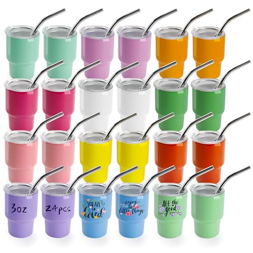 Joyclub 3 oz Mini Tumbler Shot Glass with Straw and Lid 24 Pack Colored Stainless Steel Sublimation Shot Tumblers Mini Cup for Wedding Party Whiskey Favors 24 Pack Mixed