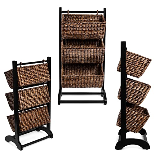 Birdrock Home 3-Tier Abaca Storage Organizer Shelf - Espresso - Extremely Durable Abaca Fiber - Solid Wood Frame - 3 Baskets - Great Cubby For Storage (Brown Wash) #TOP4