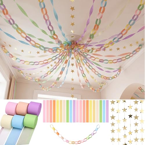 Frienda 300 Sheets Colorful Paper Chains Strips and 492 ft Crepe Paper Streamers 52.8ft Gold Star Garlands Backdrop for Wedding Birthday Party Decorations DIY Crafts(Pastel Colorful)