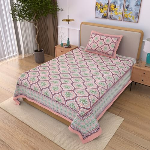 Image of 100% Cotton Single Bedsheet with 1 Pillow Cover | 240 TC Pure Cotton Flat Bed Sheet | Traditional Jaipuri Printed Bedding Set | Soft & Breathable | 60 x 90 Inch (Rangmahal Single 15)