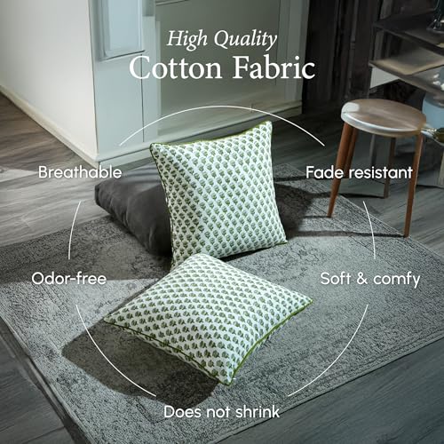 CPC 100% Cotton Throw Pillow Covers 18x18 Inch, Set of 2 Green Block Print Pattern Couch Pillow, Cute Boho Decorative Pillows for Living Room, Bedroom with Hidden Zipper- Emerald Green