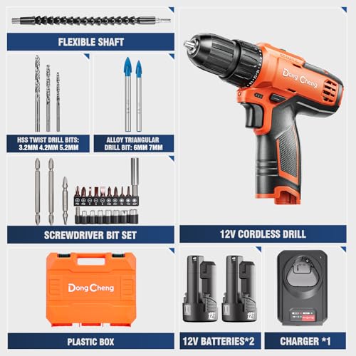 Image of DongCheng 12V Cordless Drill Machine for Home Use, 35Nm Max Torque, 150W Copper Motor, 2Pcs 2000mAh Battery and Fast Charger, 2-Variable Speed (0-400 /0-1500 RPM), 18+1 Torque Setting