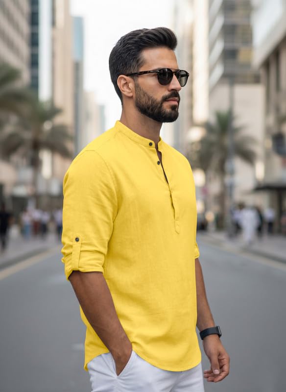 Image of Men Cotton Blend Mandarin Collar Casual Kurta Shirt | Roll-Up Sleeves | Regular Fit Ethnic Short Kurta for Daily